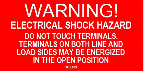 SOL103 - 4" X 2" - "WARNING! ELECTRIC SHOCK HAZARD, DO NOT TOUCH TERMINALS. TERMINALS ON BOTH THE LI
